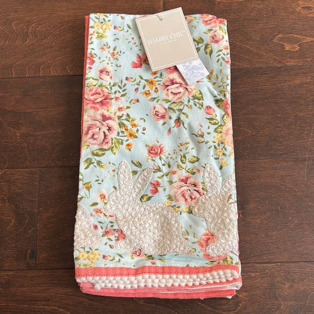 Shabby Chic Set Of 3 Kitchen Towels Spring Easter Bunny Embroidered Floral